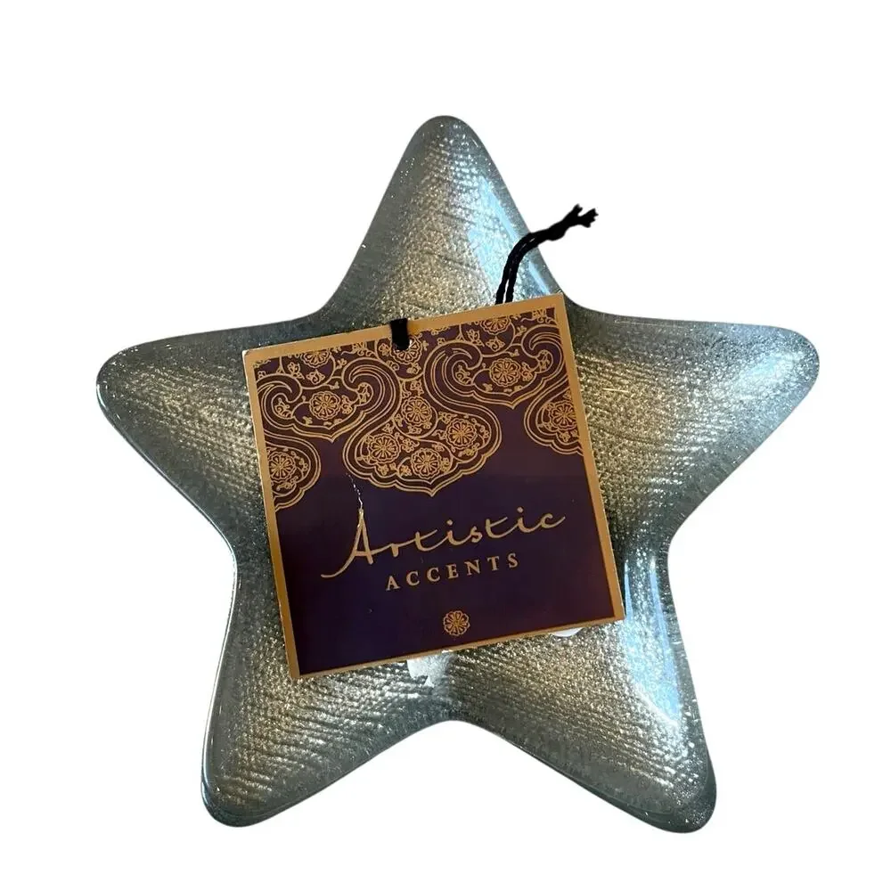 Set of 3 Handmade Turkish Art Glass STAR Appetizer Plates Silver Glitter NEW